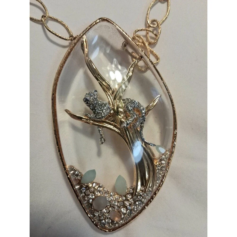ALEXIS BITTAR SIYABONA LEOPARD PANTHER ACRYLIC CAGE Gold LONG Necklace, 30” RARE